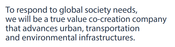 To respond to global society needs, we will be a true value co-creation company that advances urban, transportation and environmental infrastructures.