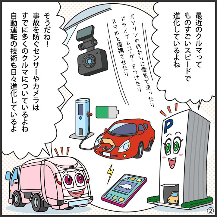 パーキー：最近の自動車って、 ものすごいスピｰドで 進化しているよね。  ガソリンの代わりに電気で走ったり、 ドライブレコーダーをつけたり、 スマホと連携させたり。  ジンキー：そうだね！ 事故を防ぐセンサーやカメラは、 すでに多くのクルマについているよね。 自動運転の技術も日々進化しているよ。