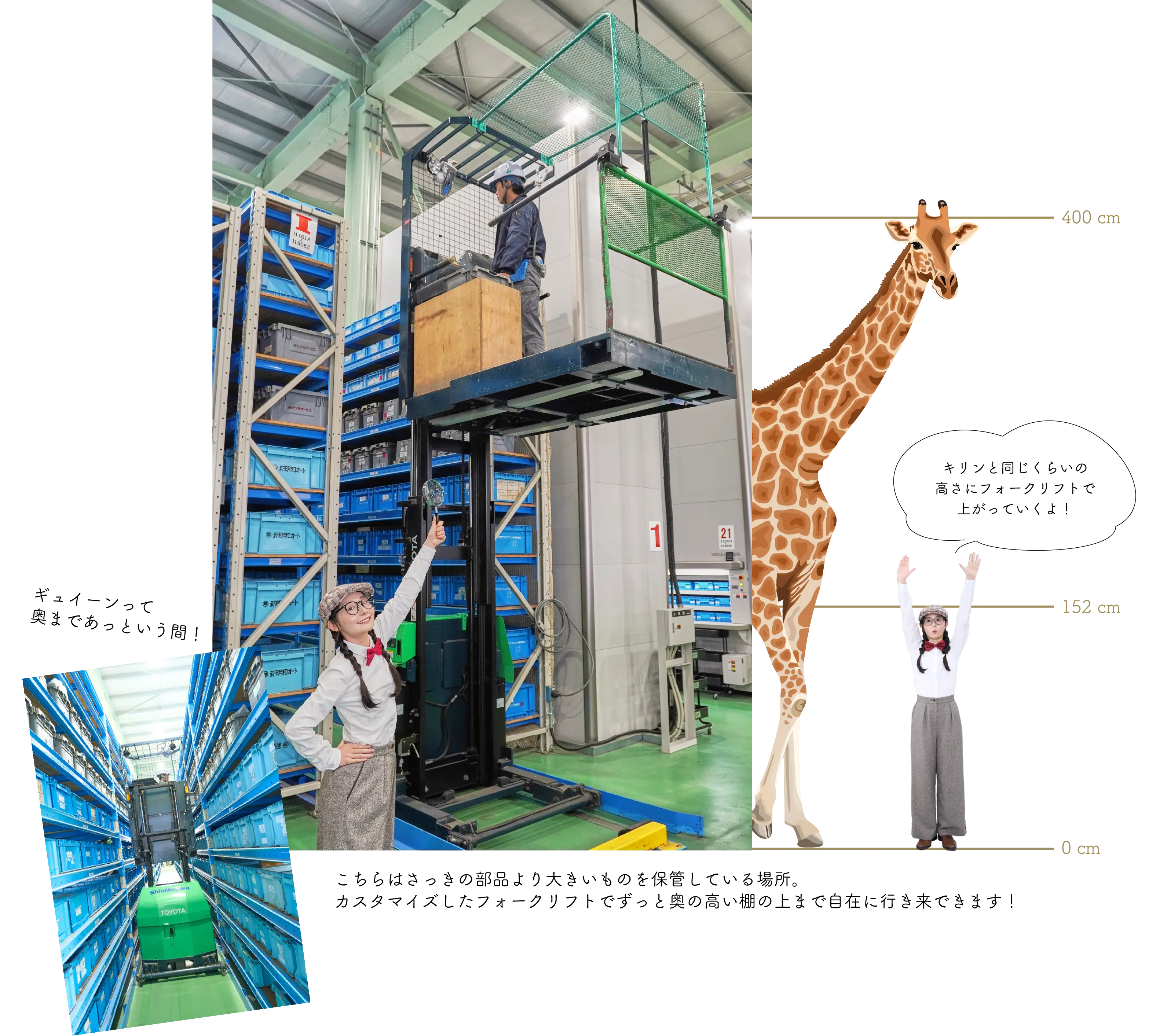 キリンと同じくらいの高さにフォークリフトで上がっていくよ！